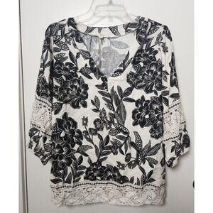 Christian Siriano‎ Linen Blend Crochet Top Off White Black Floral 1X V-Neck Boho